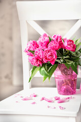delicate fresh flowers and buds big pink peonies with drops on a white chair in the room
