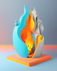 Bright fire contrasted with a frozen dream. Podium, empty showcase for packaging product presentation, AI generation.