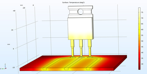 3d computer simulation of temperature distribution on the surface of a printed circuit board, conductors and transistor. Thermal analysis.