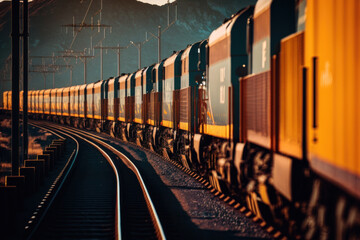 long and large freight cargo train in station. generative ai