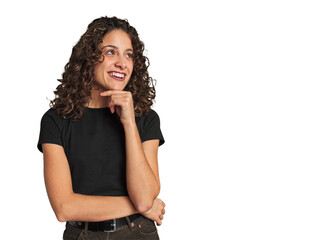 Radiant young woman with stunning curls looking sideways with doubtful and skeptical expression.