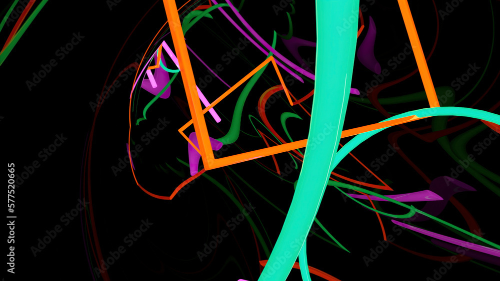 Poster black background with multicolored swirling stripes. design. bright lines creating various patterns 