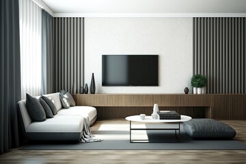 Fototapeta premium modern room with tv set and sofa, and curtains interior design. illustration. Generative AI