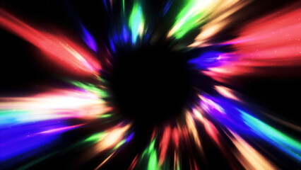 Colorful luminous flow in space. Motion. Colorful spots move in stream on black background. Colorful luminous flux in hyper tunnel