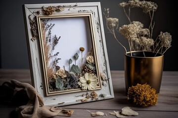 imitation portrait frame on a wooden table with withered flowers. Generative AI