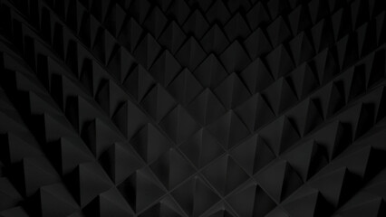 Background of pyramidal triangles on surface. Design. Surface with 3d pyramids like scales or needles. Background with triangular pyramids and sharp texture