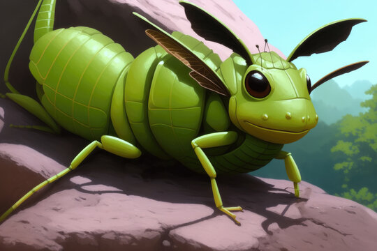 Colorful magic grasshopper on nature background, cartoon style painting. Generative ai art illustration