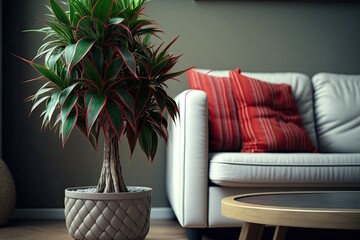 Dracaena edged (lat.Dracaena marginata) or Red Dragon Tree in a classic interior. Consept home garden or room with plants. Selective focus. Generative AI