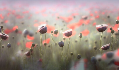  a field full of red and white flowers on a foggy day.  generative ai