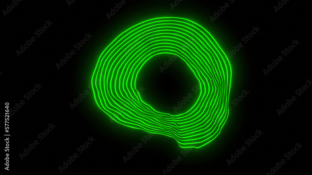 Poster black background with green circle pattern. design. neon lines creating a circle that blur in differ