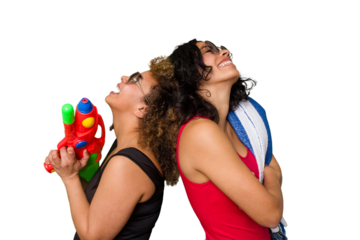 Two women, one with Afro hair and the other Latina, are ready for a beach vacation in their swimwear. 