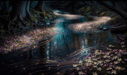  a painting of a stream running through a forest filled with flowers.  generative ai