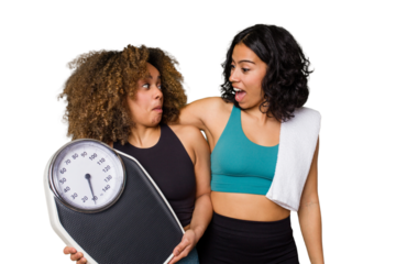 Two ethnically diverse friends head to the gym together, motivated and focused on fitness. One holds a scale, symbolizing dedication to diet and discipline.