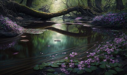  a painting of a river in a forest with purple flowers.  generative ai