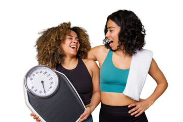 Two ethnically diverse friends head to the gym together, motivated and focused on fitness. One holds a scale, symbolizing dedication to diet and discipline.