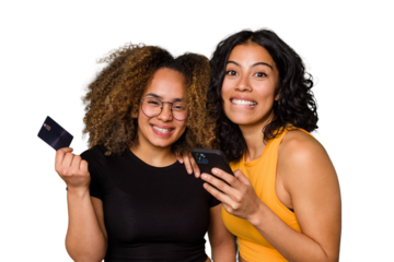 Friends showing a credit card and a mobile phone, they are inviting you to open a bank account.