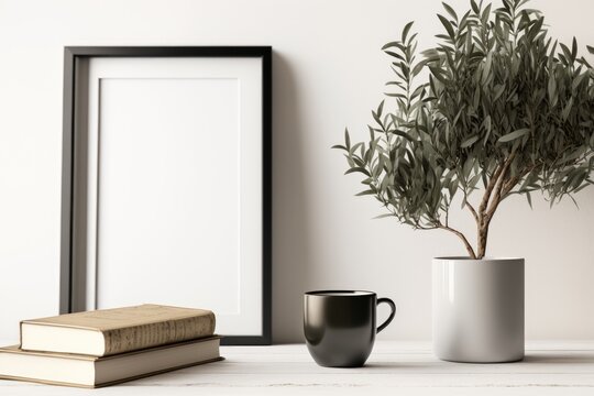 Mockup of vertical black picture frame on antique table and bench. coffee cup atop a stack of books. olive tree in a pot. white wall as a backdrop Neutral color scheme, Scandinavian design. selective © 2rogan