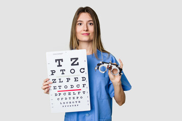 A young female optometrist holding eyeglasses and a vision test, ensuring proper eye care.