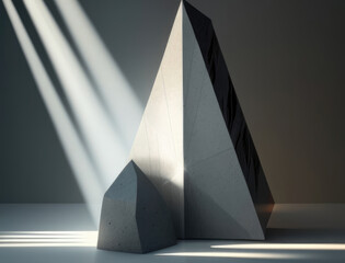 shard of stone illuminated by a drizzling of sunbeams. Podium, empty showcase for packaging product presentation, AI generation.