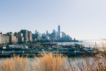 View on Manhattan Downtown from Little Island, artificial island park in Hudson River in New York...
