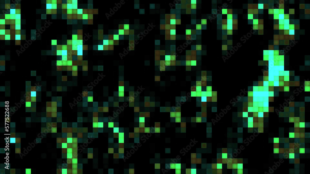 Poster shimmering pixel pattern moves on black background. motion. bright flickering pixels move in stream.
