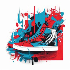 Brand board street art graffiti flat design futuristic shoe, red and blue. Generative AI.
