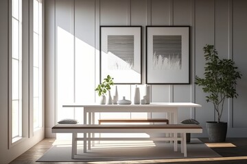 Plakat frame mock up in modern room minimalist interior with white all with sunlight and shadow, wooden table with benches, dinning room,. Generative AI