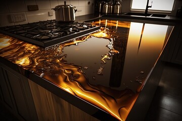 Brown epoxy resin kitchen countertops. Generative AI.