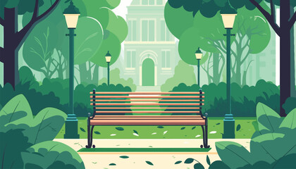 Flat vector illustration of a summer green alley in a city park with a bench. - obrazy, fototapety, plakaty