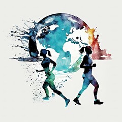 Plakat Fit man and woman silhouettes exercising, giant water droplet splashing on to globe in the background. Generative AI.