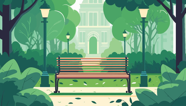 Flat vector illustration of a summer green alley in a city park with a bench.