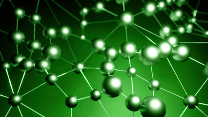 Gray and green background. Design.A bright interesting animation on which a grid is created as if made of atoms and it is interconnected and it fluctuates a little.