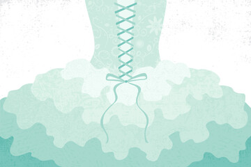 An abstract close up of the back of a ruffle ball gown dress, in a cut paper style with textures  © MLWilson