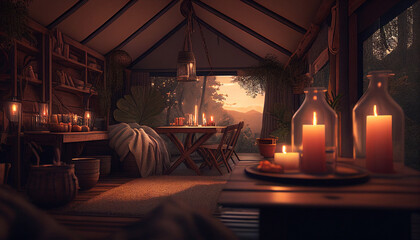 A cozy and romantic cabin in a forest with a warm fire, wooden furniture, lit by soft candlelight.  #2