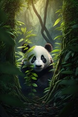 Obraz na płótnie Canvas Panda hiding in Bamboo forest. Generative AI.