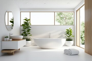 White and wood wall bathroom interior with tiled floor, panoramic window, white bathtub, and vases. mock up. Generative AI