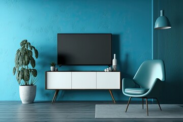 TV on the cabinet in modern living room on blue wall background with blank space. illustration. Generative AI
