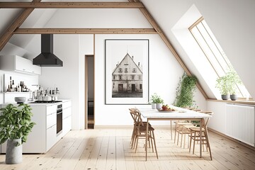 Close up of an attic kitchen with white walls, a long wooden table and a framed vertical poster. , mock up. Generative AI - obrazy, fototapety, plakaty