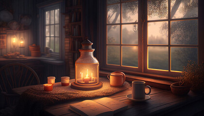 A cozy and romantic cabin in a forest with a warm fire, wooden furniture, lit by soft candlelight. #3