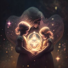  Mother  with  her  two  daughters  love  symbol  magical  li - obrazy, fototapety, plakaty