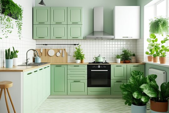 Bright kitchen. Interior. Light kitchen cabinets attached to a tiled wall. Kitchen in bright colors. New furniture in the kitchen. Green plants on cabinets. Metal door handles on cabinets. Generative