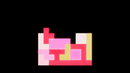 Multicolored Tetris. Design. Light geometric shapes creating a square falling on each other on a black background in animation.