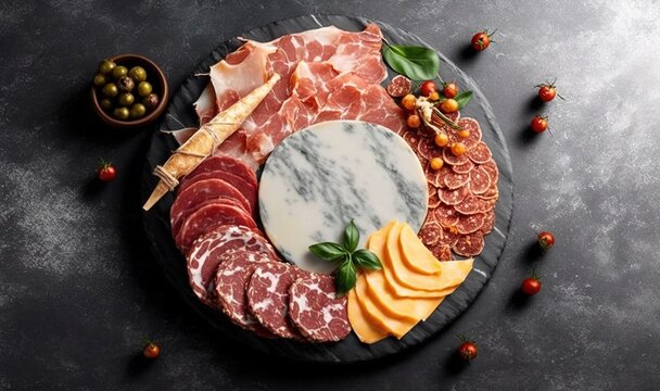 a platter of meats and cheeses on a table.  generative ai