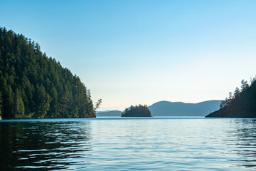 Island and Mountains on Summer Day Along Strait of Georgia in Vancouver Island, British Columbia,...