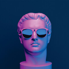 studio photographic portrait of a Minimal scene of sunglasses on human head sculpture