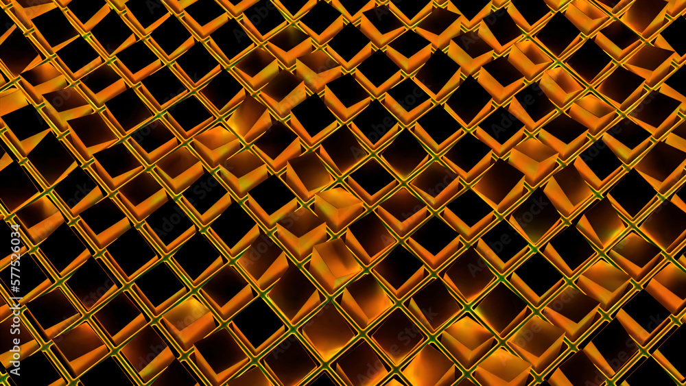 Poster gray and orange grid. design. rising and descending grid with patterns in animation on a black backg