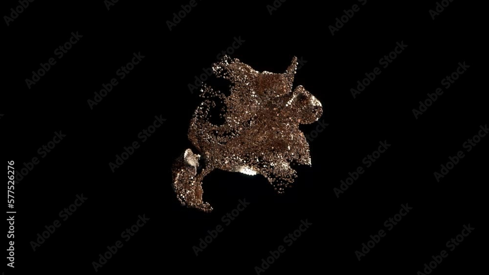 Poster abstract gold particles effect. shape deformation. particle cloud blow. exploding spheres. 3d render