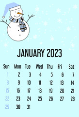 calendar january 2023. calendar template with snowflakes and snowman. winter concept. Isolated on blue background. Week starts sunday