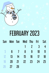 calendar february 2023. calendar template with snowflakes and snowman. winter concept. Isolated on blue background. Week starts sunday