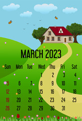 calendar march 2023. calendar template with house, tree and clouds. spring concept. week starts sunday